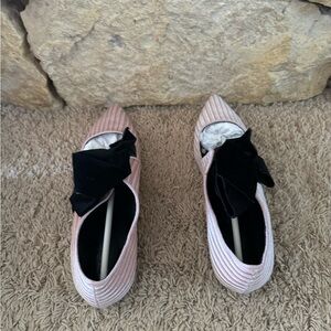 POL Valentines pink velvet stripes flats with black ribbon size 7